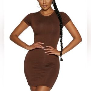 Naked Wardrobe Short Sleeve Bodycon Minidress, Size Small, Chocolate/Brown